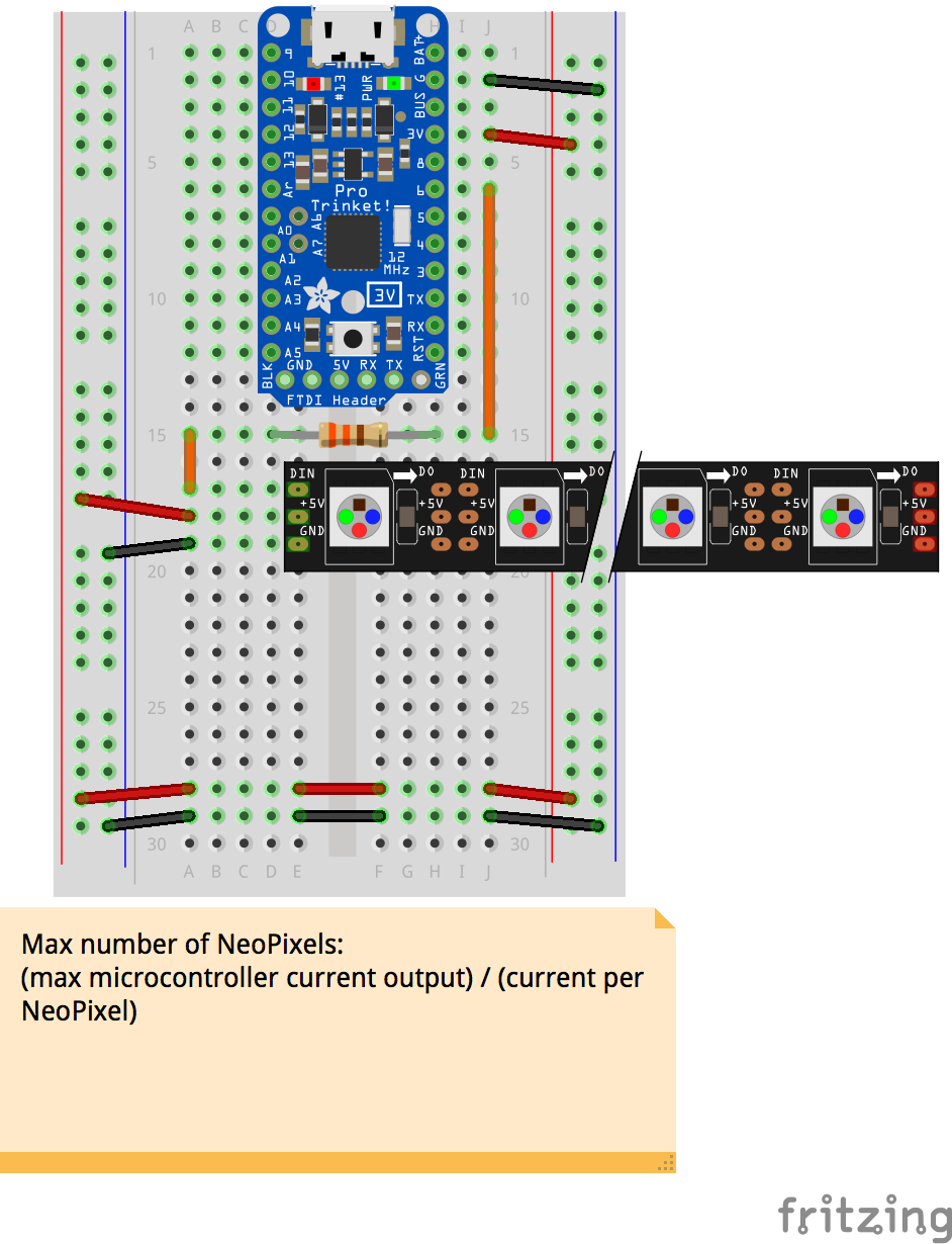 Circuit diagram of NeoPixels powered by the microcontroller